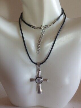 Sterling Silver Rose Quartz Cross Pendant Necklace with Black Cord 17" -19" Long